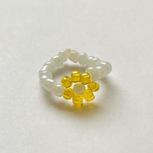 Handmade Beaded Gold and White Flower Ring